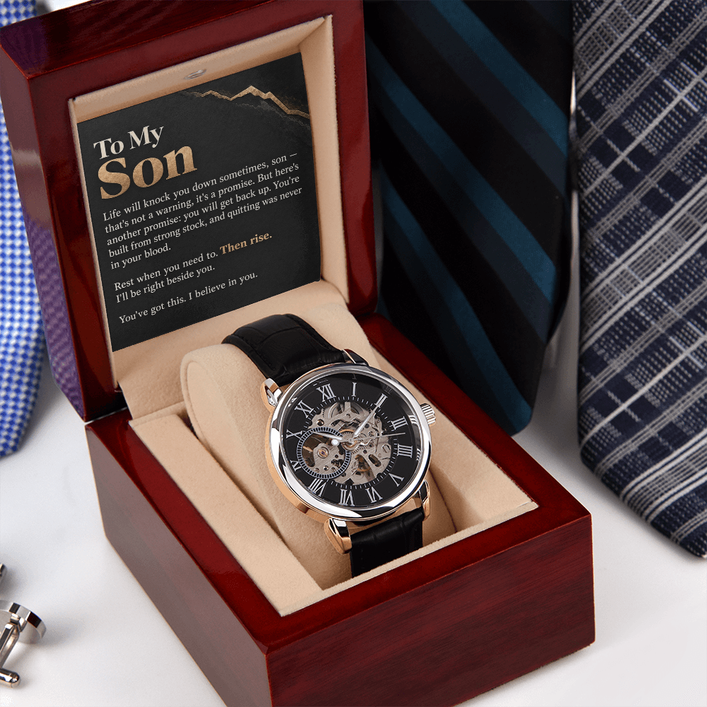 To My Son Openwork Watch – "Then Rise" Message Card & Luxury Gift Box, Inspirational Gift for Son