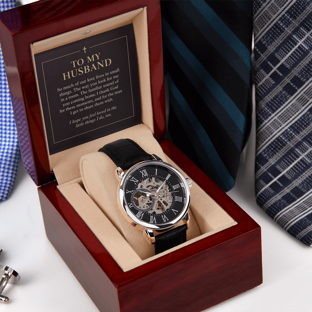 To My Husband Openwork Watch – "Love in Small Things" Message Card & Luxury Gift Box, Christian Faith Gift for Husband