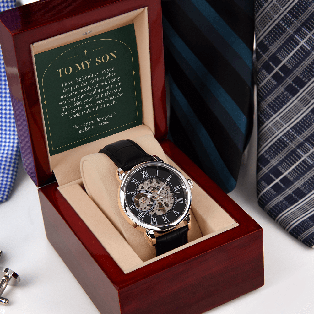 To My Son Openwork Watch – "Makes Me Proud" Message Card & Luxury Gift Box, Christian Faith Gift for Son