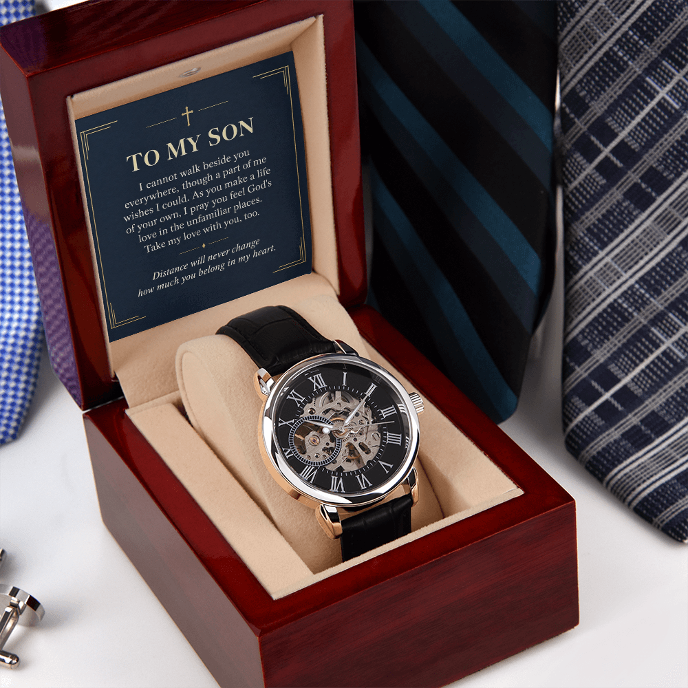 To My Son Openwork Watch – "Belong in My Heart" Message Card & Luxury Gift Box, Christian Faith Gift for Son