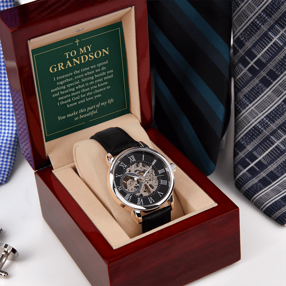 To My Grandson Openwork Watch – "So Beautiful" Message Card & Luxury Gift Box, Gift for Grandson