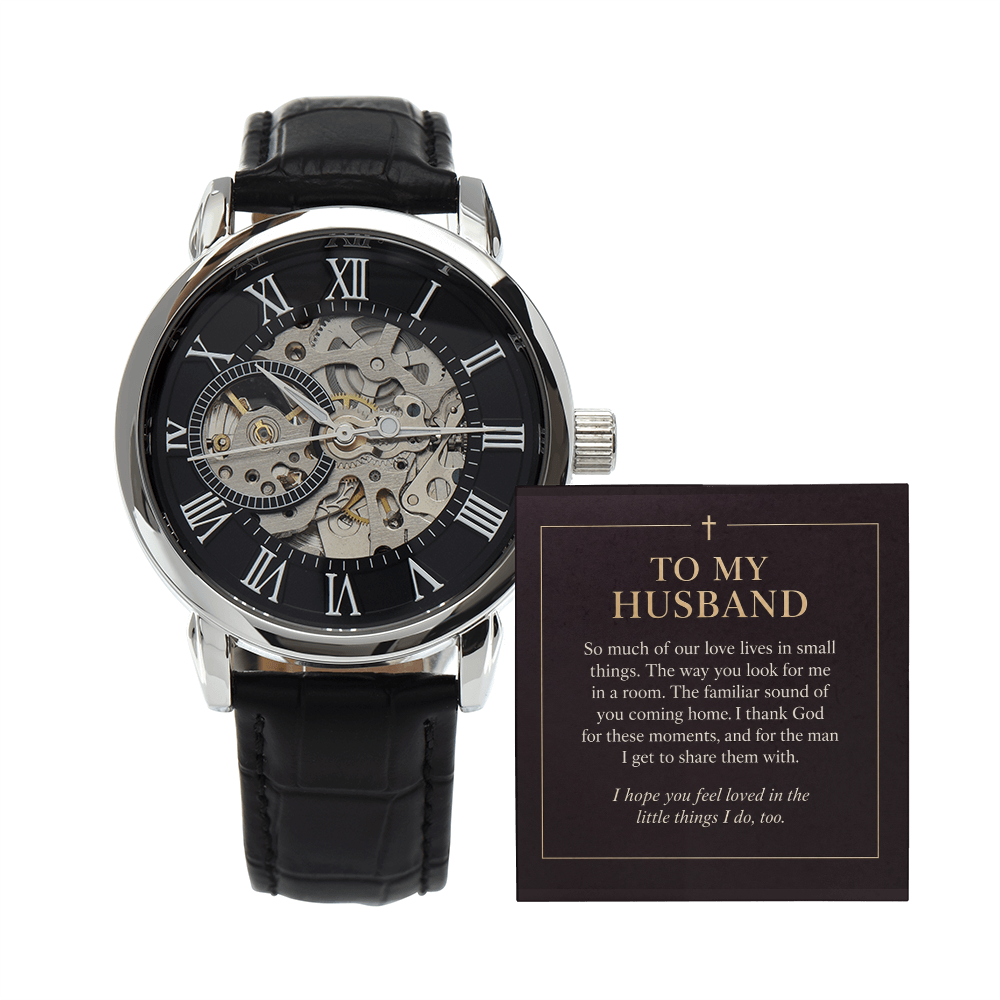 To My Husband Openwork Watch – "Love in Small Things" Message Card & Luxury Gift Box, Christian Faith Gift for Husband