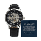 To My Son Openwork Watch – "Always Be Here" Message Card & Luxury Gift Box, Christian Faith Gift for Son