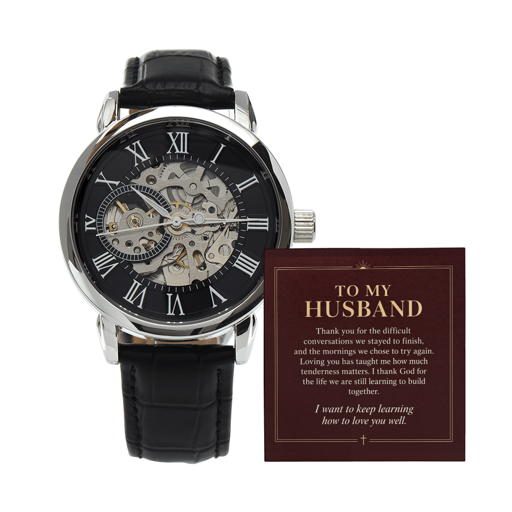 To My Husband Openwork Watch – "Keep Learning to Love You" Message Card & Luxury Gift Box, Christian Faith Gift for Husband