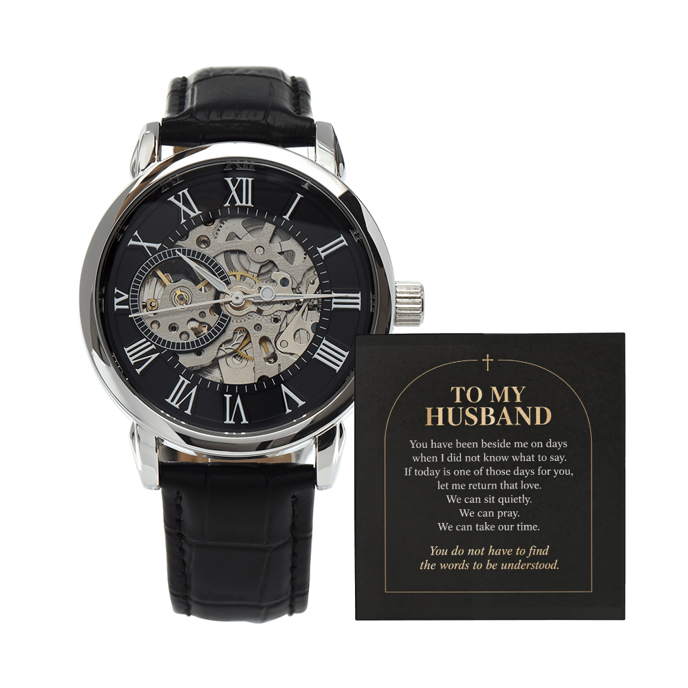 To My Husband Openwork Watch – "Quiet Prayer" Message Card & Luxury Gift Box, Christian Faith Gift for Husband