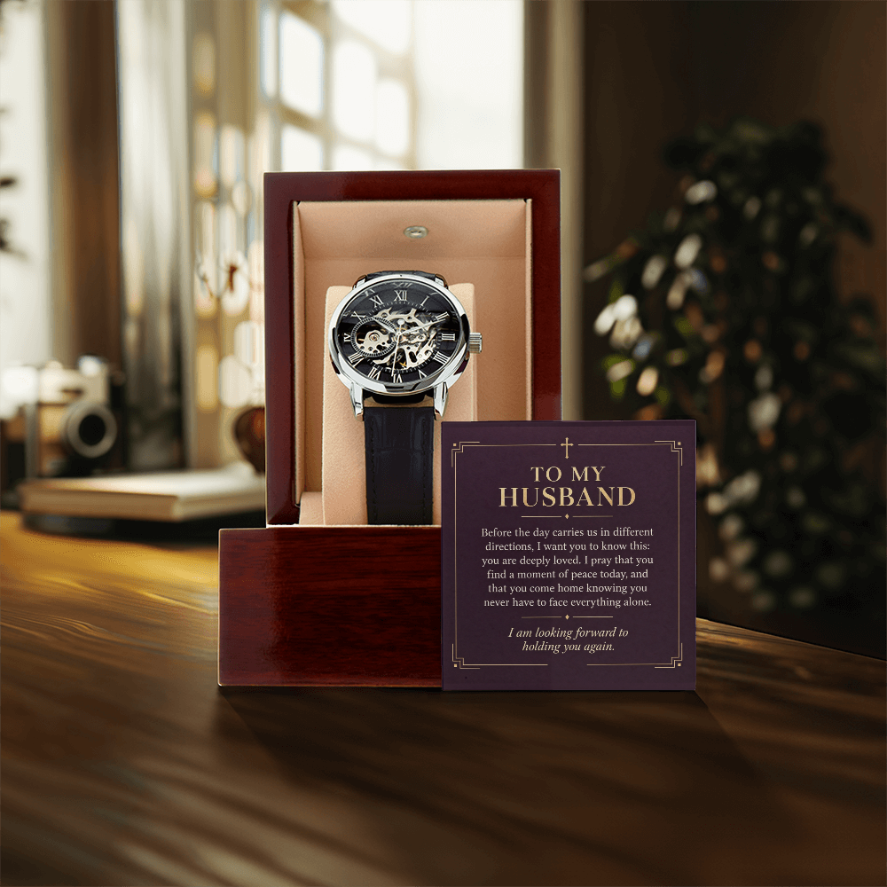 To My Husband Openwork Watch – "Peace Today" Message Card & Luxury Gift Box, Christian Faith Gift for Husband