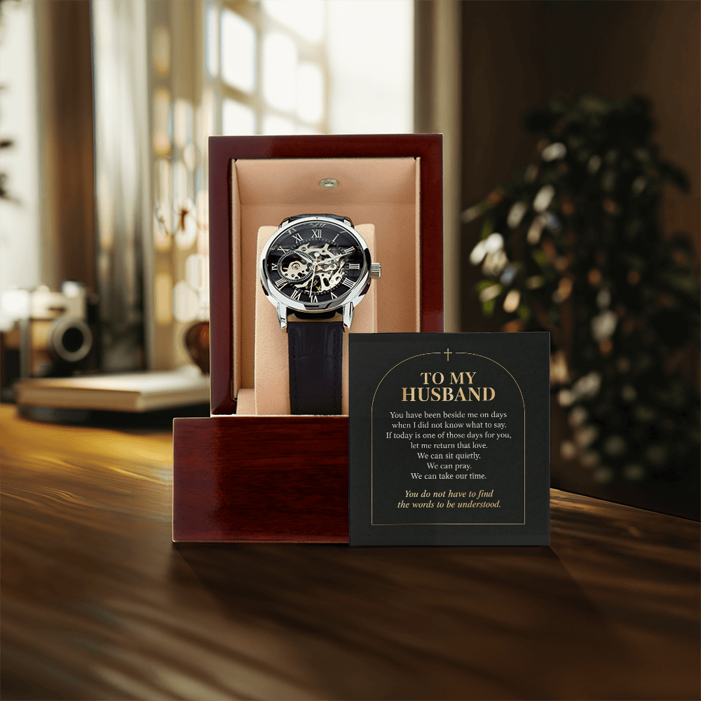 To My Husband Openwork Watch – "Quiet Prayer" Message Card & Luxury Gift Box, Christian Faith Gift for Husband