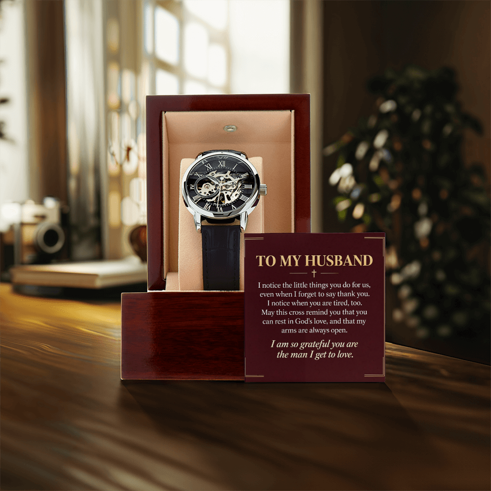 To My Husband Openwork Watch – "Grateful for You" Message Card & Luxury Gift Box, Christian Faith Gift for Husband