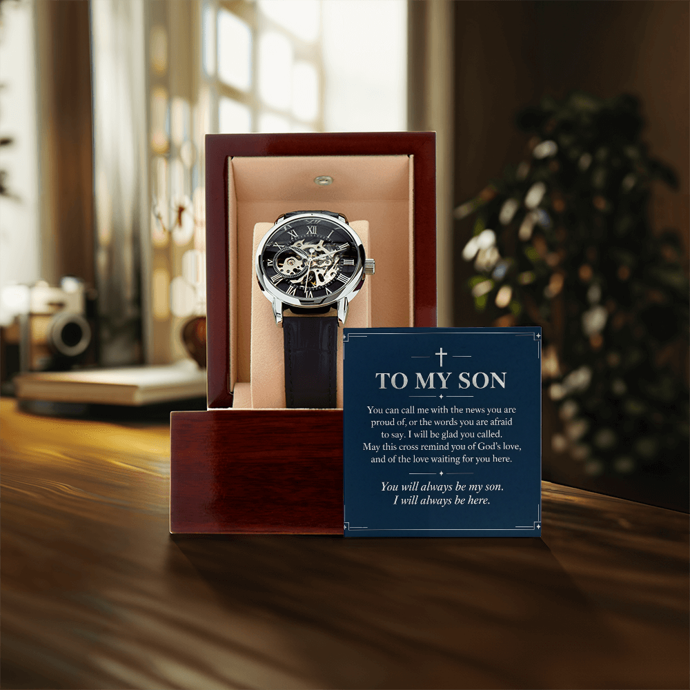 To My Son Openwork Watch – "Always Be Here" Message Card & Luxury Gift Box, Christian Faith Gift for Son