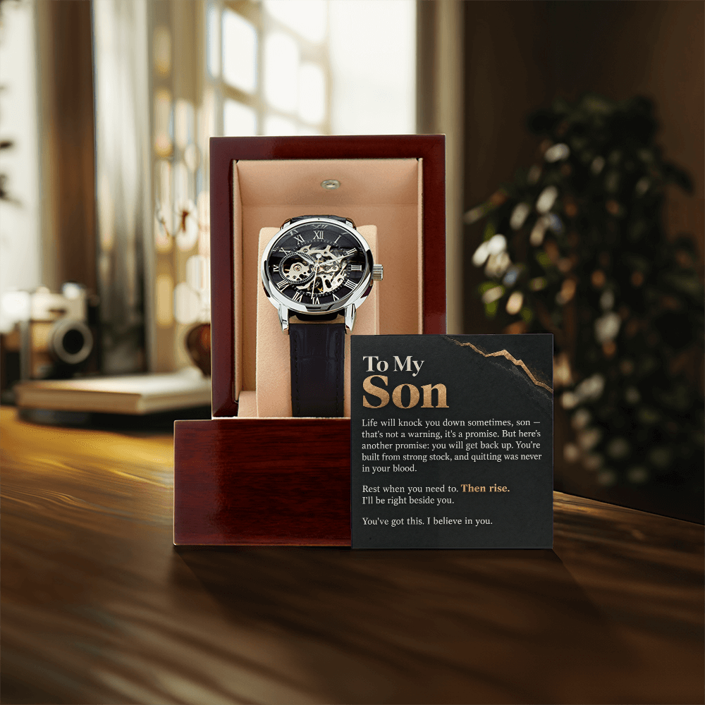 To My Son Openwork Watch – "Then Rise" Message Card & Luxury Gift Box, Inspirational Gift for Son