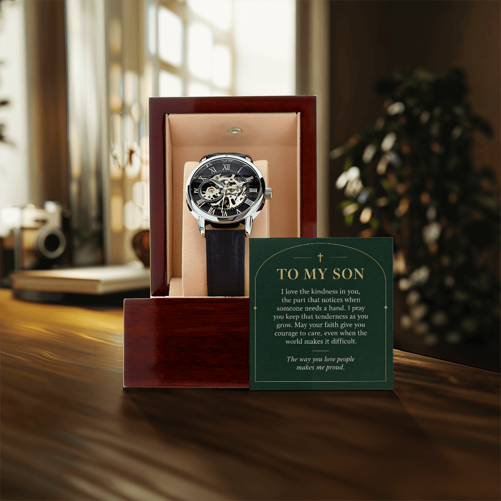 To My Son Openwork Watch – "Makes Me Proud" Message Card & Luxury Gift Box, Christian Faith Gift for Son