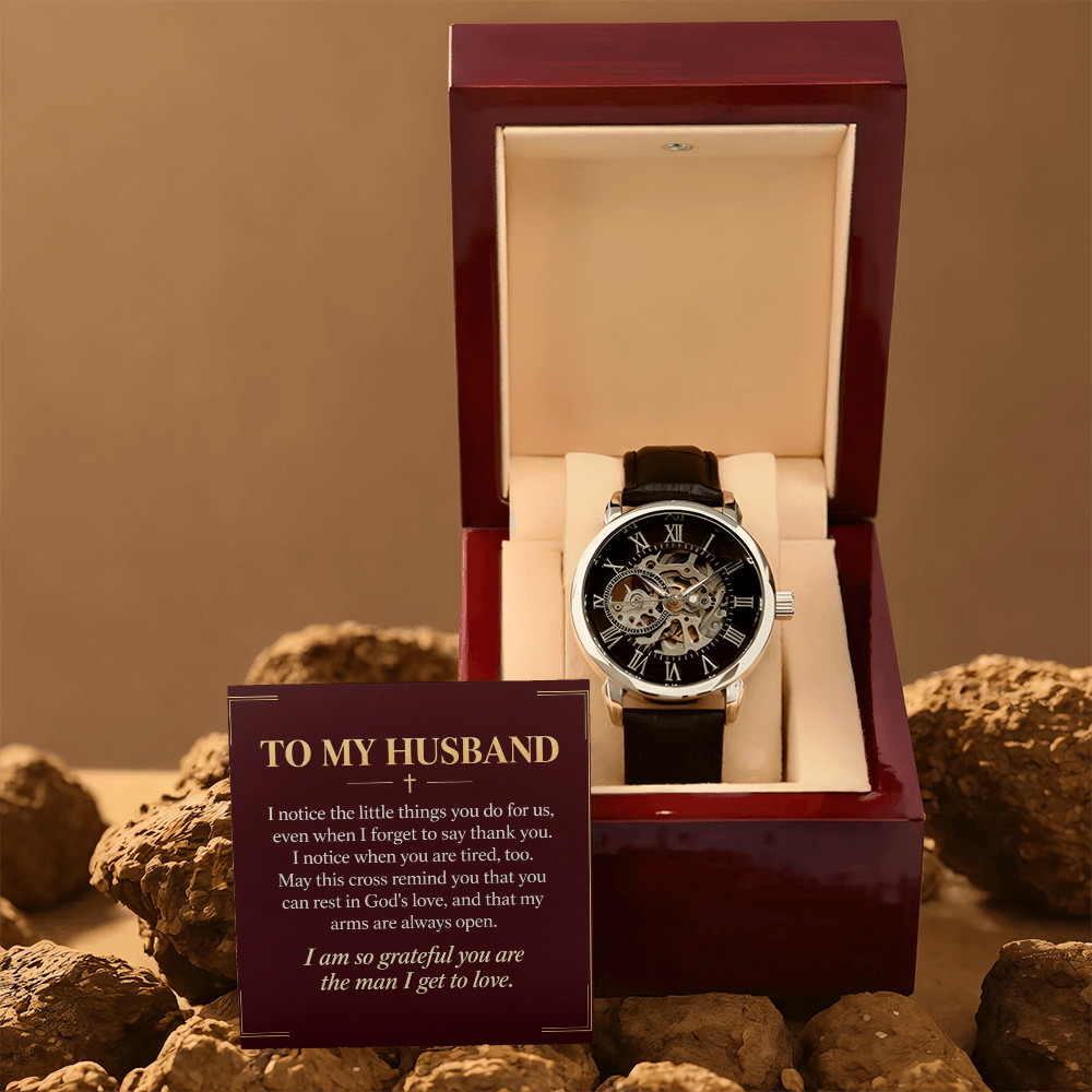 To My Husband Openwork Watch – "Grateful for You" Message Card & Luxury Gift Box, Christian Faith Gift for Husband