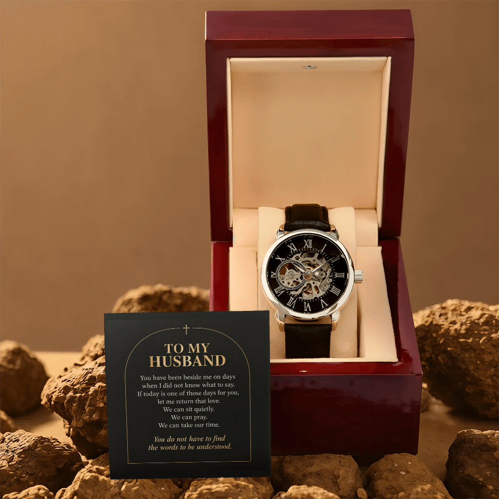 To My Husband Openwork Watch – "Quiet Prayer" Message Card & Luxury Gift Box, Christian Faith Gift for Husband