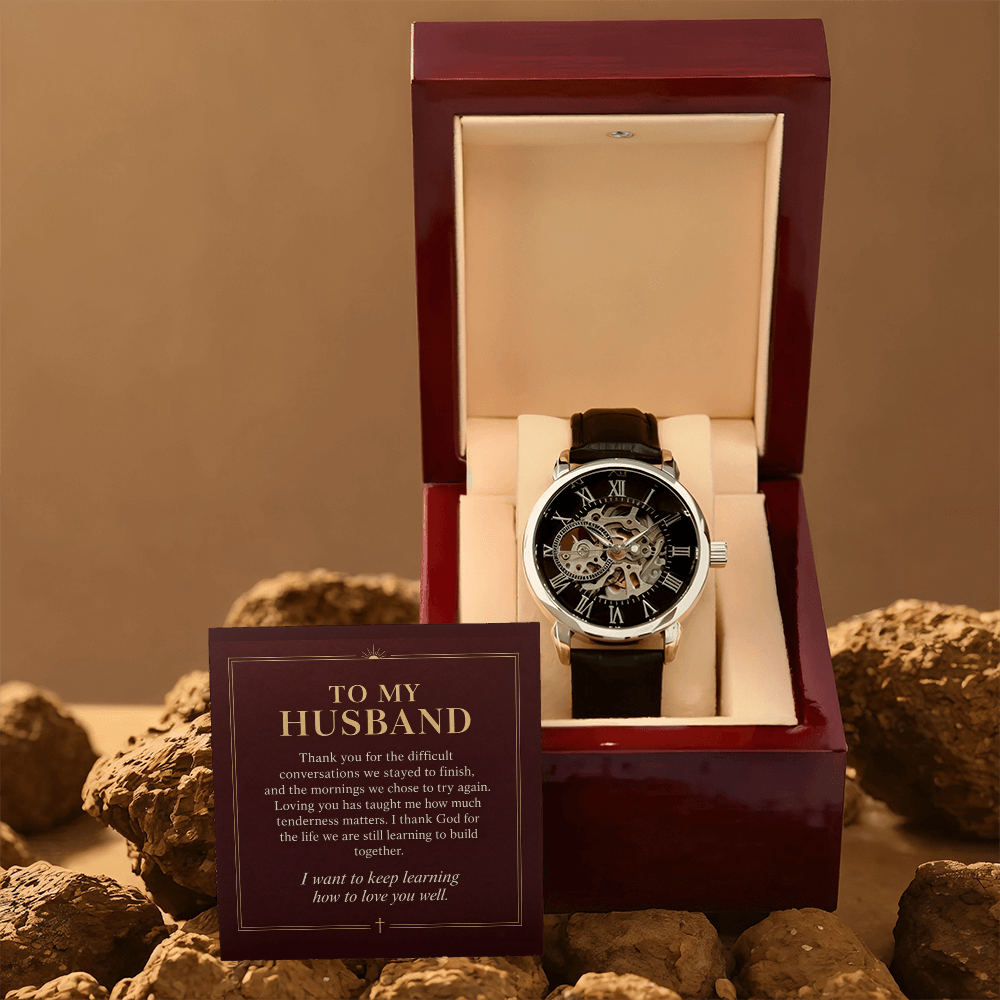 To My Husband Openwork Watch – "Keep Learning to Love You" Message Card & Luxury Gift Box, Christian Faith Gift for Husband