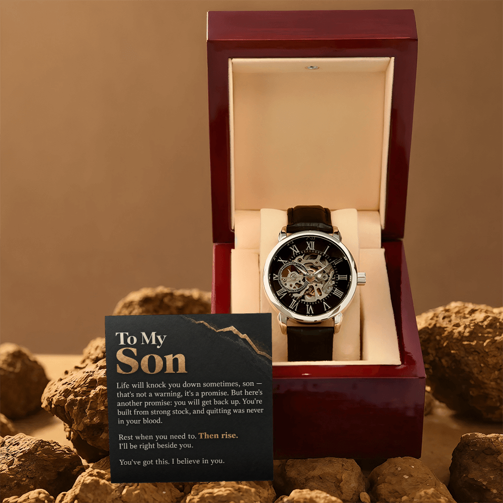 To My Son Openwork Watch – "Then Rise" Message Card & Luxury Gift Box, Inspirational Gift for Son