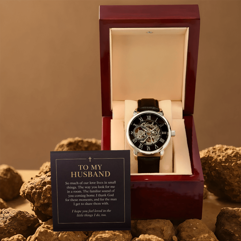 To My Husband Openwork Watch – "Love in Small Things" Message Card & Luxury Gift Box, Christian Faith Gift for Husband