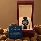 To My Son Openwork Watch – "Always Be Here" Message Card & Luxury Gift Box, Christian Faith Gift for Son