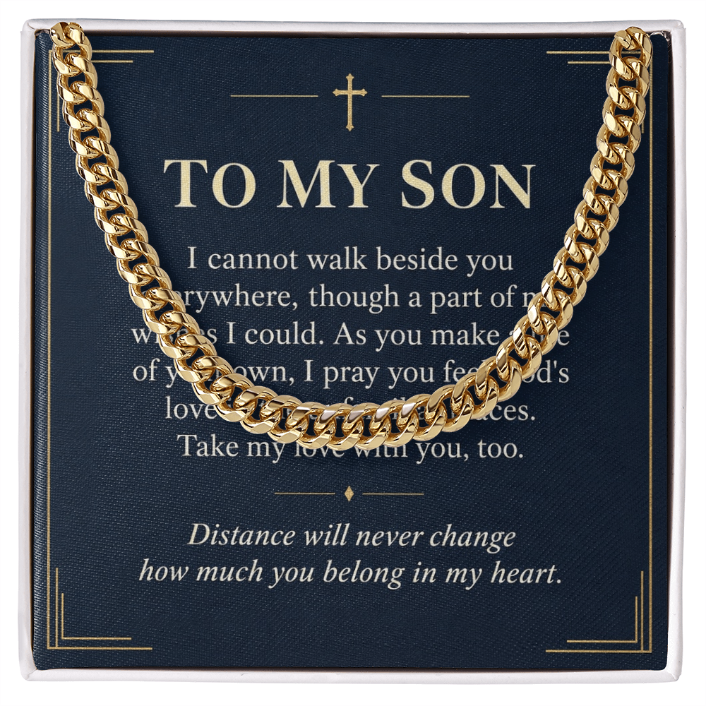 To My Son Cuban Link Chain – "Belong in My Heart" Message Card & Gift Box, Christian Faith Gift for Son