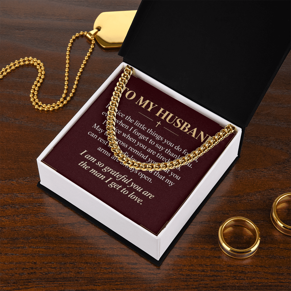To My Husband Cuban Link Chain – "Grateful for You" Message Card & Gift Box, Christian Faith Gift for Husband