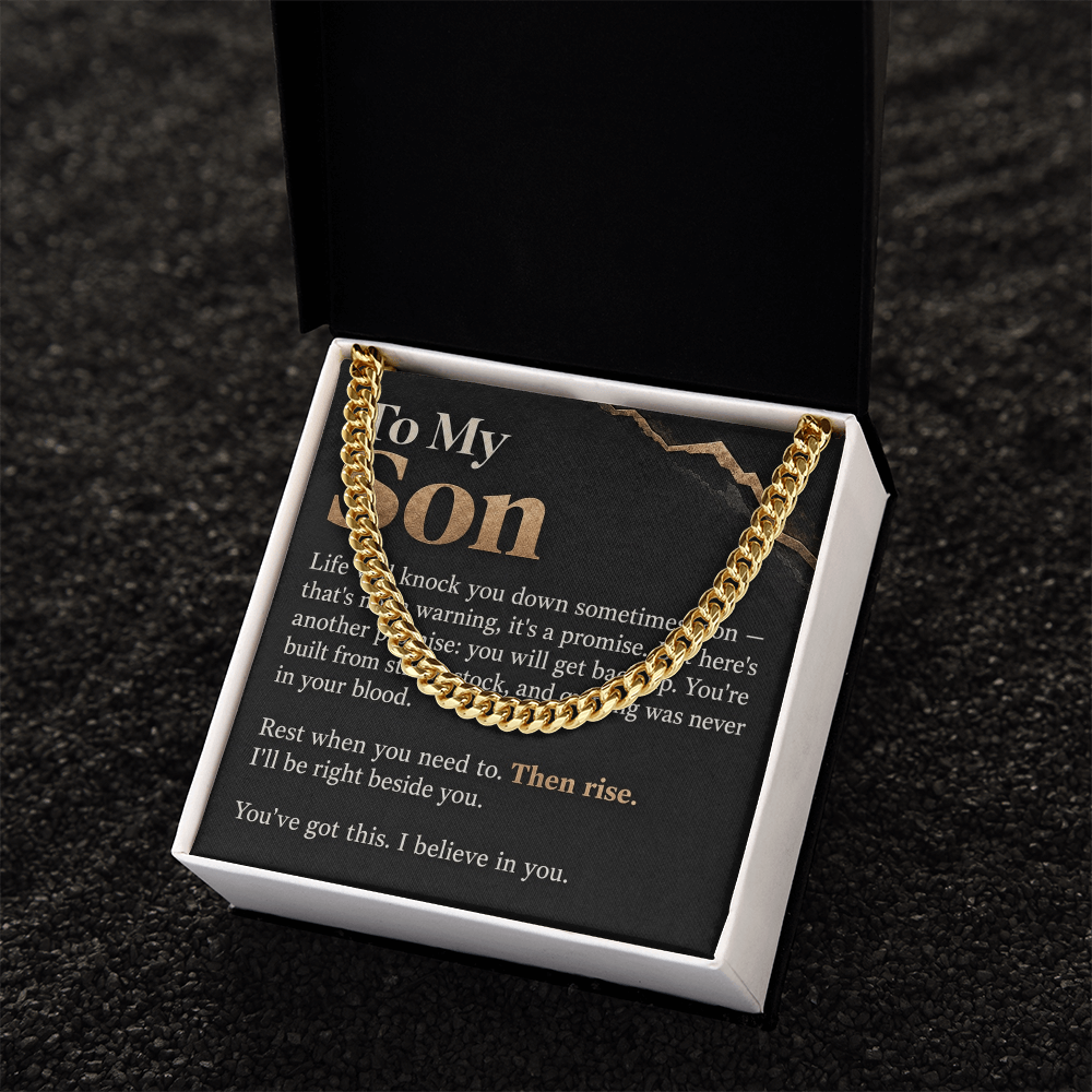 To My Son Cuban Link Chain – "Then Rise" Message Card & Gift Box, Inspirational Gift for Son