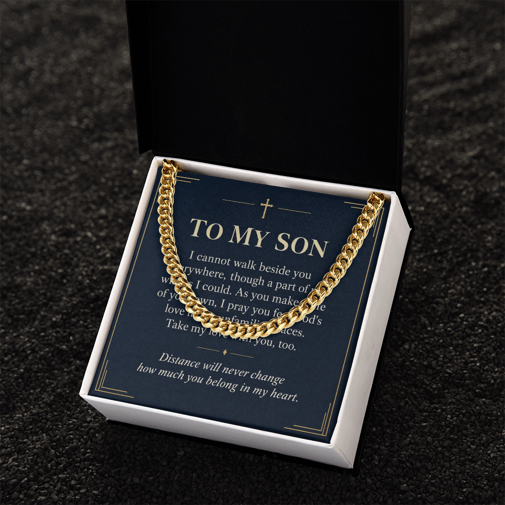 To My Son Cuban Link Chain – "Belong in My Heart" Message Card & Gift Box, Christian Faith Gift for Son