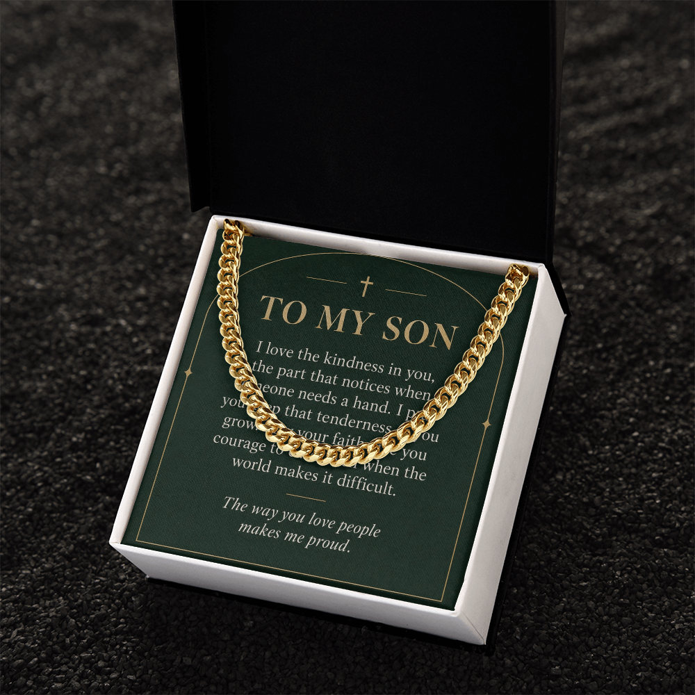 To My Son Cuban Link Chain – "Makes Me Proud" Message Card & Gift Box, Christian Faith Gift for Son