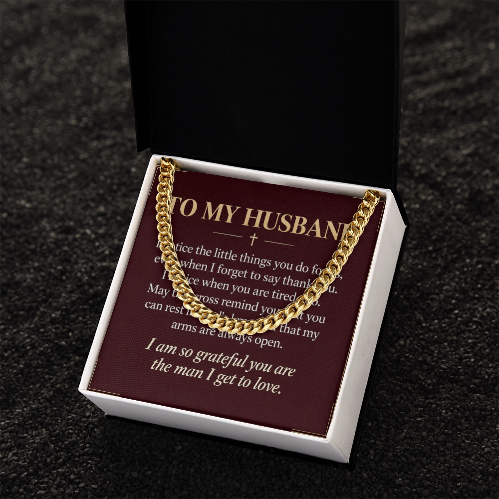 To My Husband Cuban Link Chain – "Grateful for You" Message Card & Gift Box, Christian Faith Gift for Husband