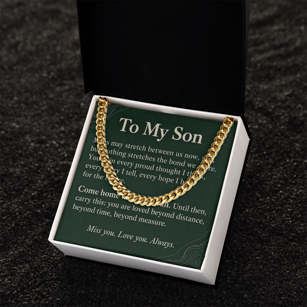 To My Son Cuban Link Chain – "Beyond Distance" Message Card & Gift Box, Inspirational Gift for Son
