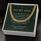 To My Son Cuban Link Chain – "Makes Me Proud" Message Card & Gift Box, Christian Faith Gift for Son