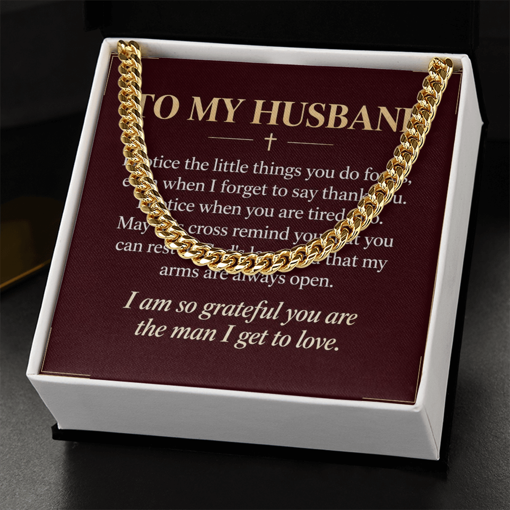To My Husband Cuban Link Chain – "Grateful for You" Message Card & Gift Box, Christian Faith Gift for Husband