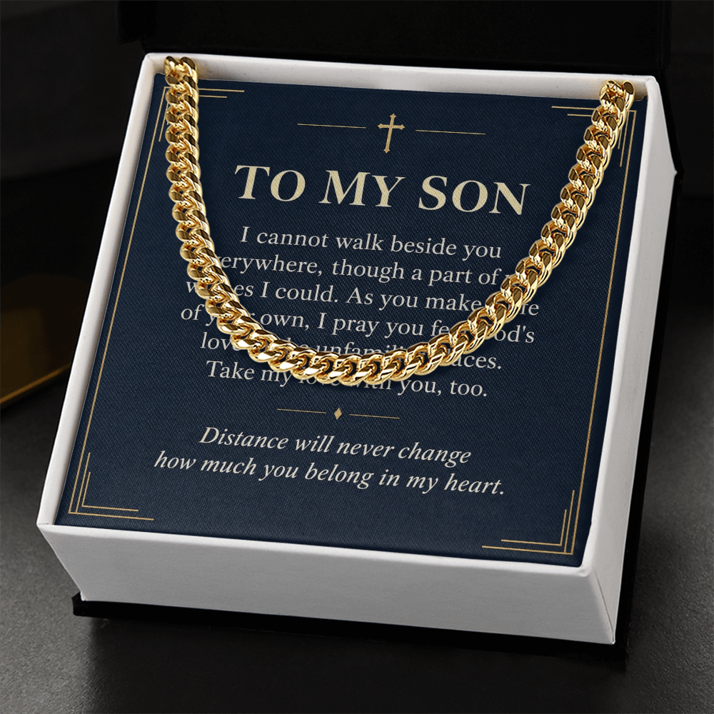 To My Son Cuban Link Chain – "Belong in My Heart" Message Card & Gift Box, Christian Faith Gift for Son