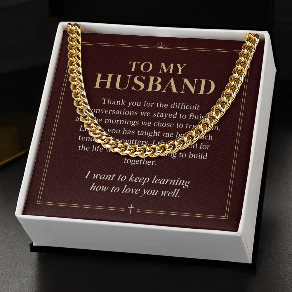 To My Husband Cuban Link Chain – "Keep Learning to Love You" Message Card & Gift Box, Christian Faith Gift for Husband