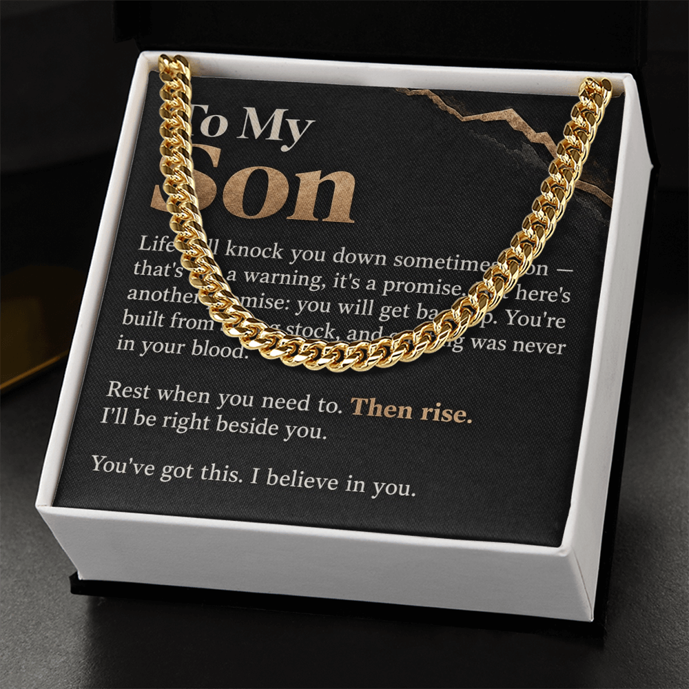 To My Son Cuban Link Chain – "Then Rise" Message Card & Gift Box, Inspirational Gift for Son
