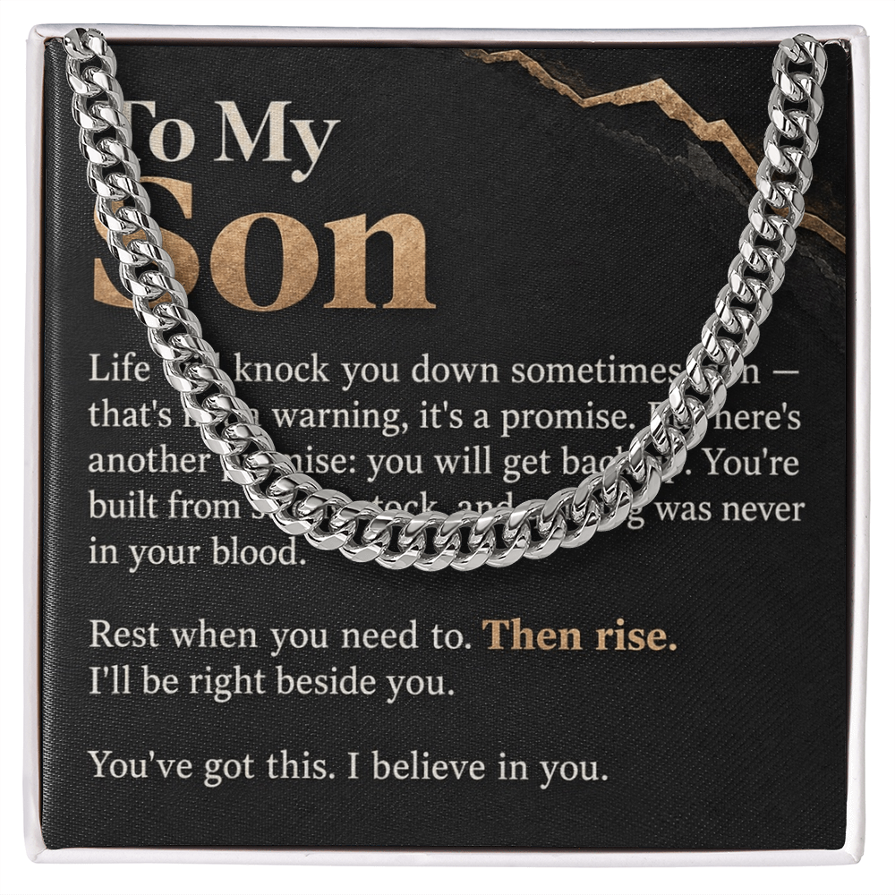 To My Son Cuban Link Chain – "Then Rise" Message Card & Gift Box, Inspirational Gift for Son