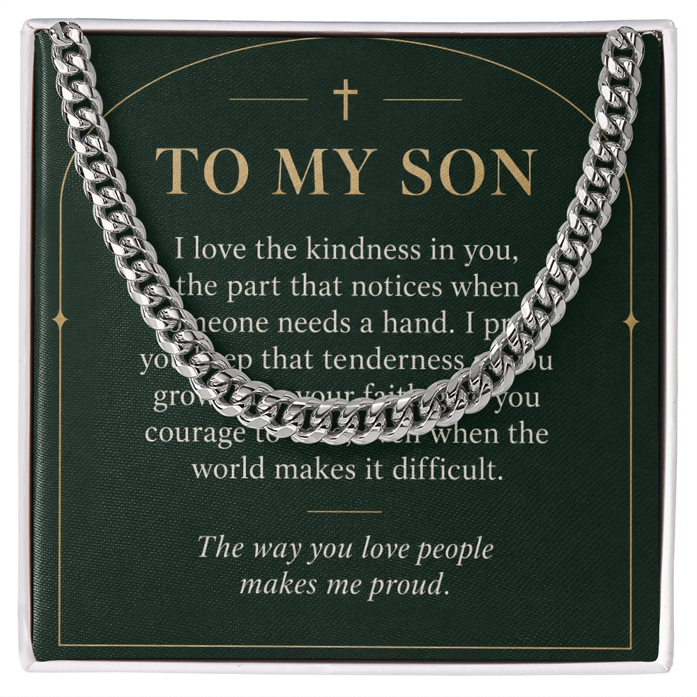 To My Son Cuban Link Chain – "Makes Me Proud" Message Card & Gift Box, Christian Faith Gift for Son