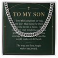 To My Son Cuban Link Chain – "Makes Me Proud" Message Card & Gift Box, Christian Faith Gift for Son