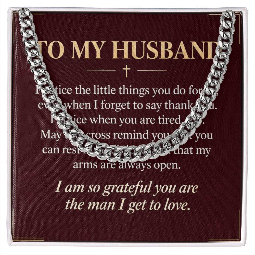 To My Husband Cuban Link Chain – "Grateful for You" Message Card & Gift Box, Christian Faith Gift for Husband