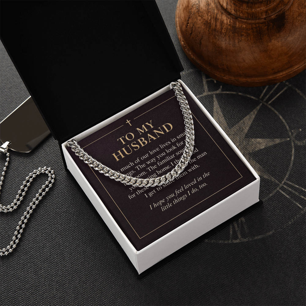 To My Husband Cuban Link Chain – "Love in Small Things" Message Card & Gift Box, Christian Faith Gift for Husband