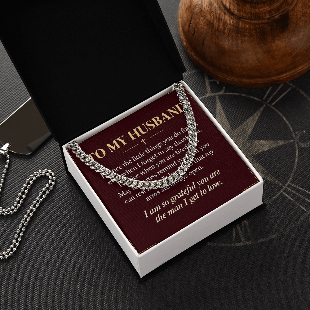 To My Husband Cuban Link Chain – "Grateful for You" Message Card & Gift Box, Christian Faith Gift for Husband