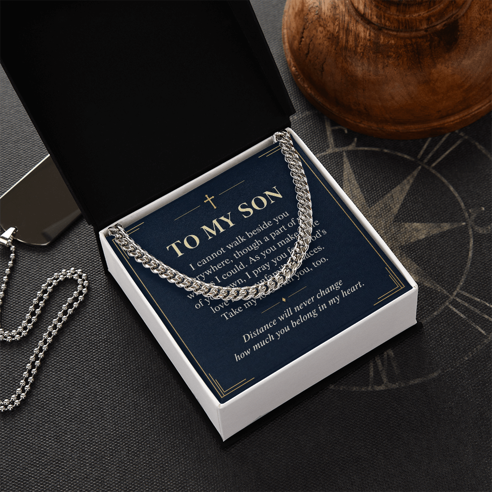 To My Son Cuban Link Chain – "Belong in My Heart" Message Card & Gift Box, Christian Faith Gift for Son