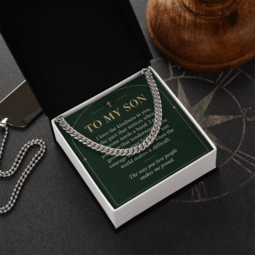 To My Son Cuban Link Chain – "Makes Me Proud" Message Card & Gift Box, Christian Faith Gift for Son