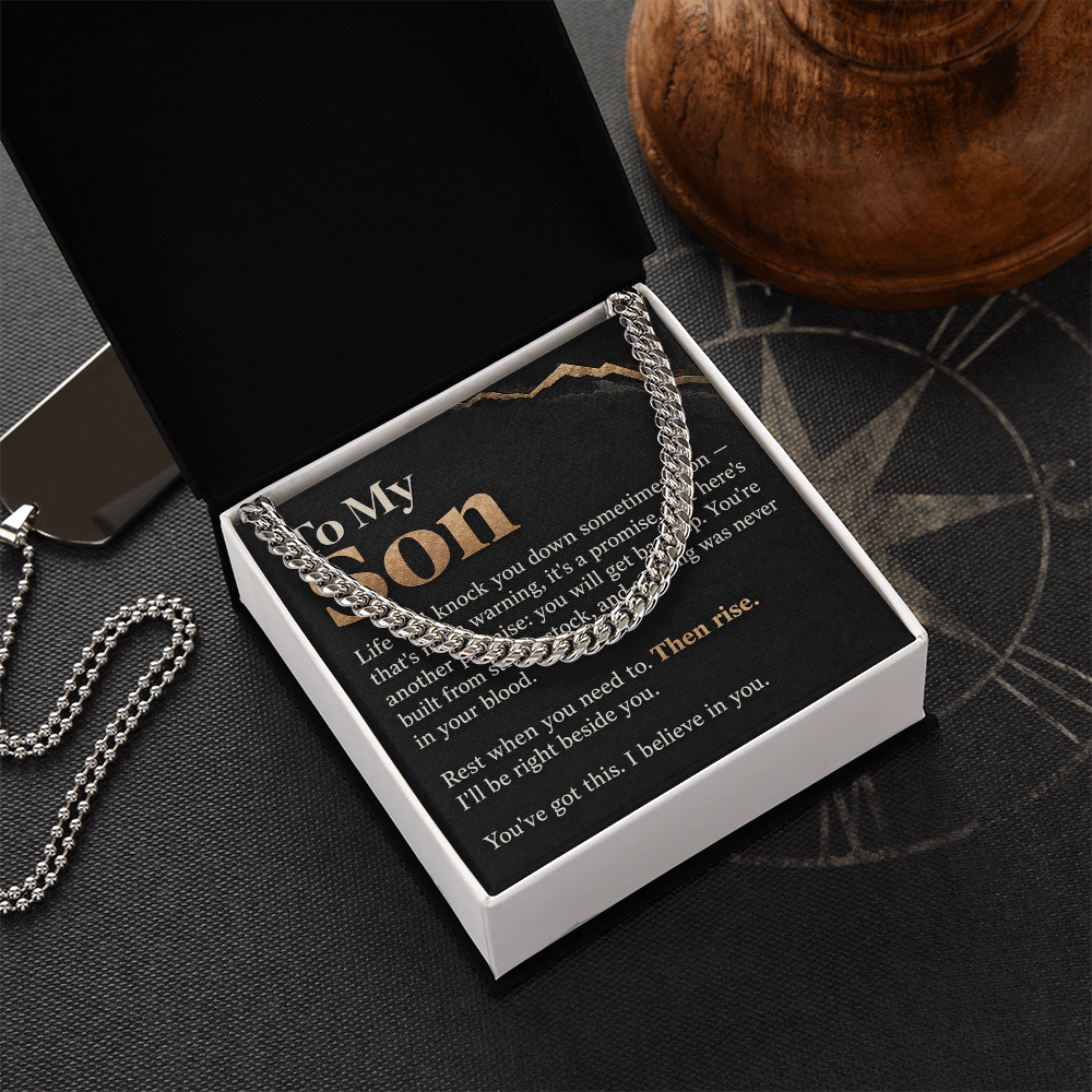 To My Son Cuban Link Chain – "Then Rise" Message Card & Gift Box, Inspirational Gift for Son