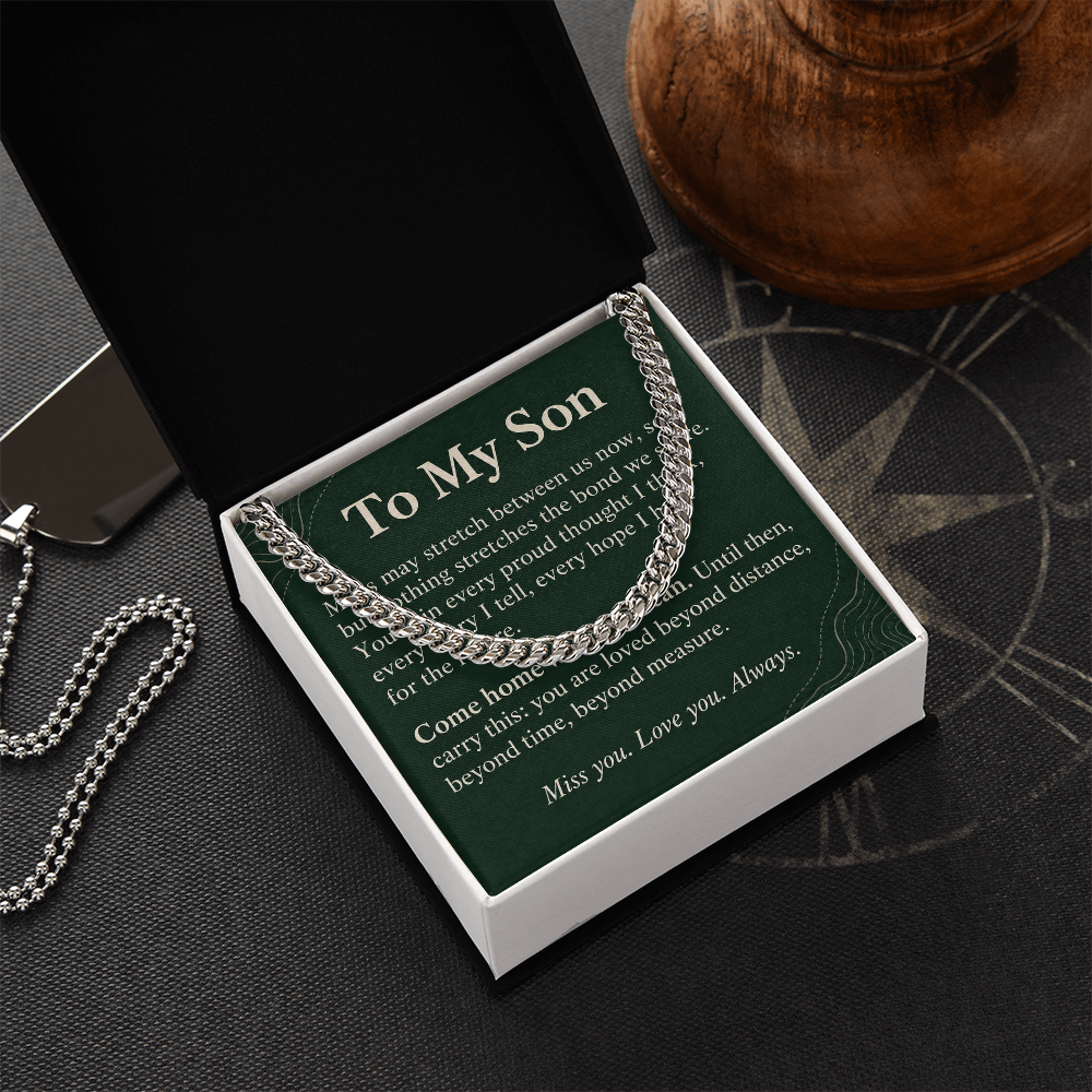 To My Son Cuban Link Chain – "Beyond Distance" Message Card & Gift Box, Inspirational Gift for Son