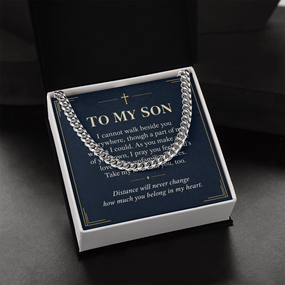 To My Son Cuban Link Chain – "Belong in My Heart" Message Card & Gift Box, Christian Faith Gift for Son