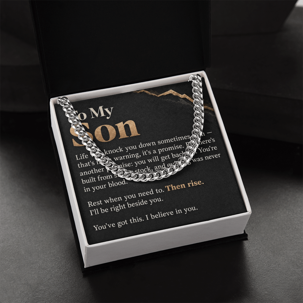 To My Son Cuban Link Chain – "Then Rise" Message Card & Gift Box, Inspirational Gift for Son