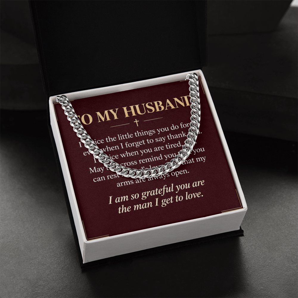 To My Husband Cuban Link Chain – "Grateful for You" Message Card & Gift Box, Christian Faith Gift for Husband