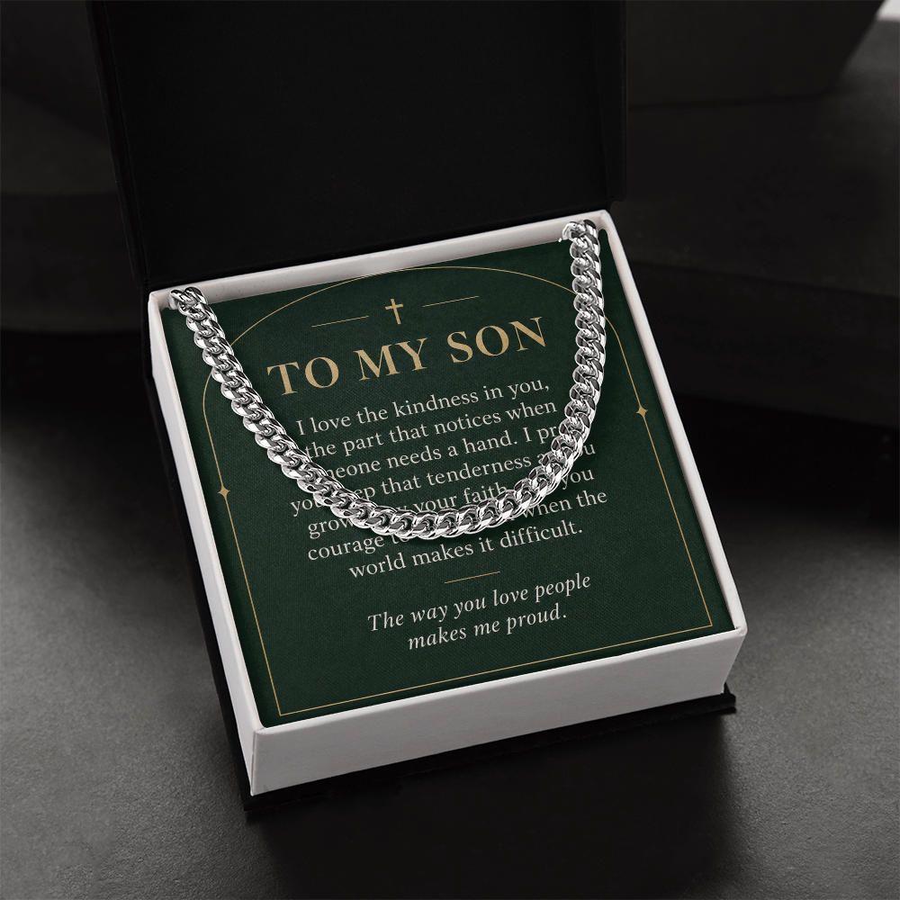 To My Son Cuban Link Chain – "Makes Me Proud" Message Card & Gift Box, Christian Faith Gift for Son