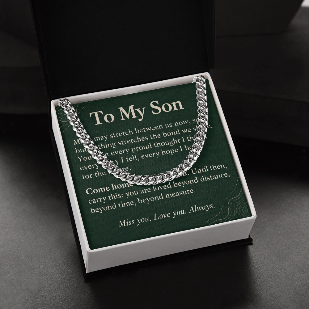 To My Son Cuban Link Chain – "Beyond Distance" Message Card & Gift Box, Inspirational Gift for Son
