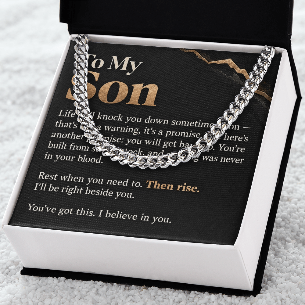 To My Son Cuban Link Chain – "Then Rise" Message Card & Gift Box, Inspirational Gift for Son
