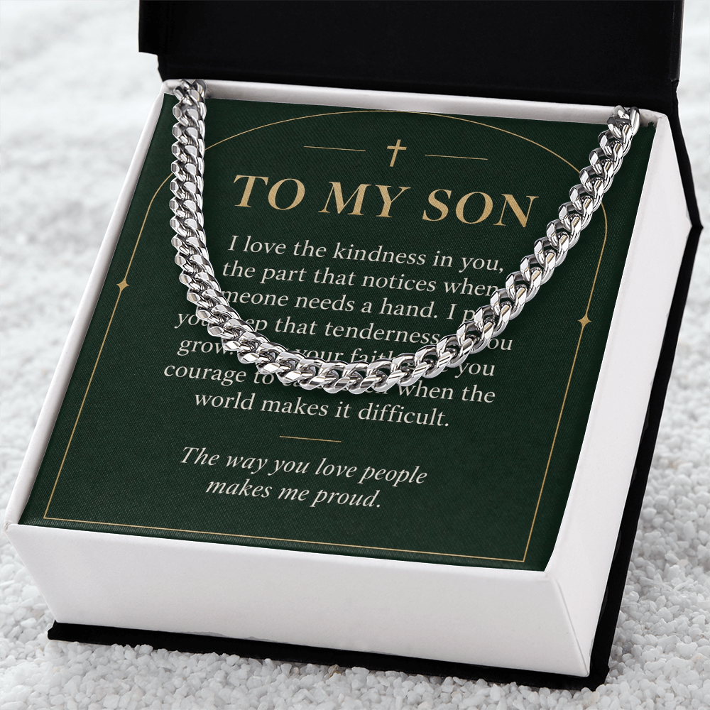 To My Son Cuban Link Chain – "Makes Me Proud" Message Card & Gift Box, Christian Faith Gift for Son